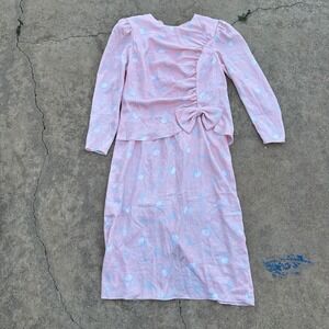 Miss Elliette Vintage Floral Dress Bow Accent‎ Long Sleeve Pink Size 16